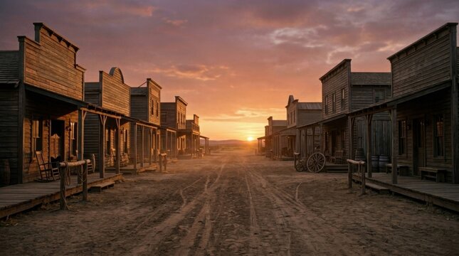 Old Western town street with wooden buildings under an orange sunset sky