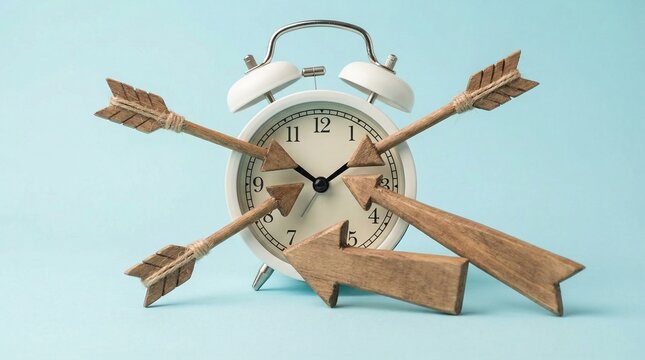 Alarm clock with wooden arrows pointing in different directions representing Spring Forward  