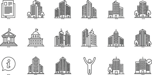City Building and Architecture Vector Line Icons Set Featuring Skyscrapers, Office Blocks, Government Institutions, Banks, Apartments, and Urban Real Estate Development © Joybroto