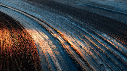 Plowed farmland aerial, textured soil furrows with sunlight casting shadows, emphasizing agricultural textures, natural patterns, and rural landscape. © MD