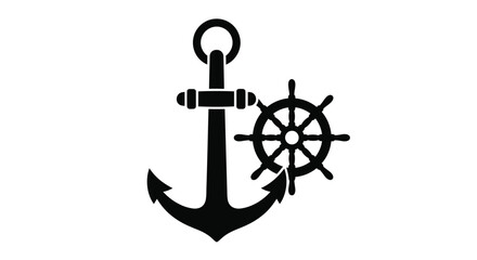 Black nautical elements of a ship s wheel and anchor silhouette © Soleman