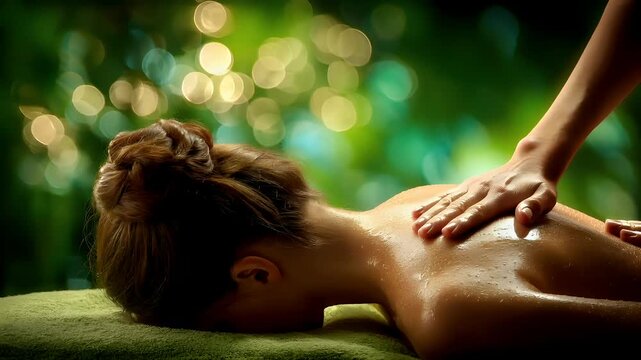 Therapy stress release treatment, health lifestyle. In this image we can see a woman lying on a green cloth. We can also see water droplets on her body.