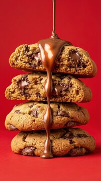 Stack of chocolate chip cookies with melted chocolate being poured over them against a vibrant red background.