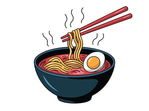 Hot steaming bowl of ramen noodles with sliced egg is lifted by red chopsticks against white.