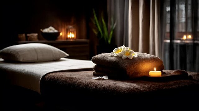 Therapy stress release treatment, health lifestyle. A tranquil spa setting with a bed adorned with towels and a white flower, a candle placed on a plate, and a pillow. The room is illuminated by soft.