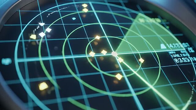 High Tech Radar Display - Close up view of a radar display screen, showing blips that represent tracked objects surrounding the central point.