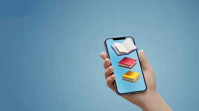 Hand Holding Smartphone With Floating Book Icons For Mobile Study