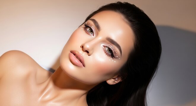 Glamorous young woman with sparkling eye makeup and smooth skin posing sensually in a studio setting