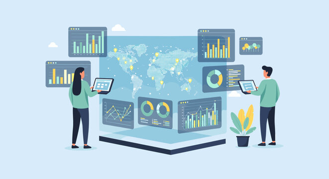 Two people analyzing global business data and financial statistics on multiple interactive screens and dashboards, illustrating data visualization and analytics.
