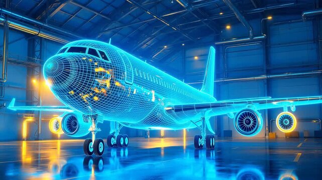 Wireframe airplane in hangar