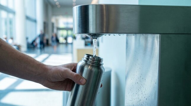 Drinking fountain with bottle refill spout in a contemporary design in silver and gray tones representing ecological fluid intake and plastic waste reduction with copy space