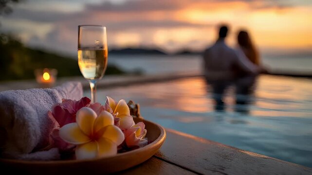 Therapy stress release treatment, health lifestyle. A romantic scene at sunset, with a glass of wine and a plate of flowers on a wooden table beside a swimming pool.