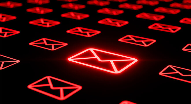 Striking red neon-like email envelopes illuminated on a dark surface symbolize digital correspondence and alerts.