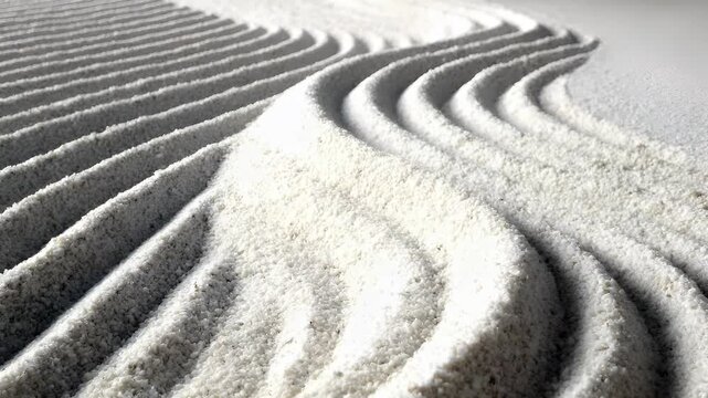 Zen Buddhism, meditation, inner peace, Chinese Japanese Asian tradition. Therapy stress release treatment, health lifestyle. A closeup of a white sand garden with raked sand.