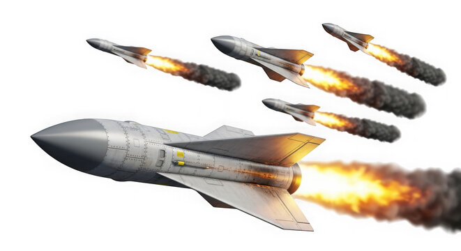 Fighter jet launching missiles in flight isolated on transparent background