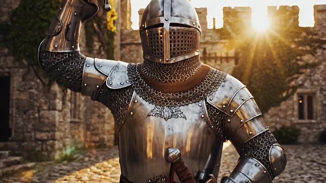 Knight in Shining Armor - This close-up shot features a knight clad in full medieval armor, showcasing intricate chainmail and polished metal plates.