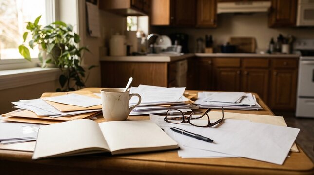 Paper clutter on kitchen table with mug and notebook in sunlight  