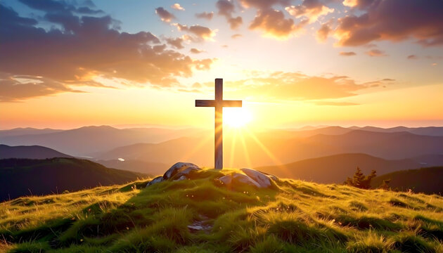 Kreuz auf H&uuml;gel bei Sonnenuntergang als spiritueller Osterhintergrund