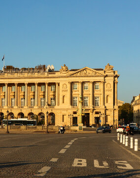 Paris, France - October 13, 2025: H&ocirc;tel de Crillon facade on Place de la Concorde in Paris, France during sunset