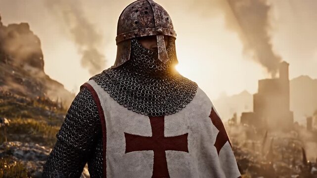 Knight Templar Medieval Warrior - This video shows a medieval knight templar warrior clad in rusty armor and chainmail, holding a sword.