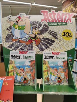 Saujon, France - October 25, 2025: Super U. Asterix comic book display featuring iconic characters in a retail setting, showcasing vibrant colors and engaging design for editorial use