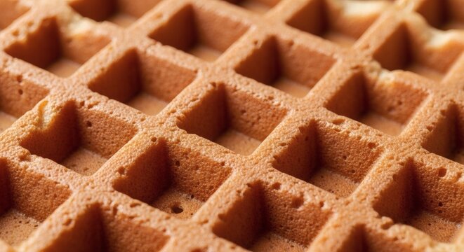 A close-up view of a crispy and delicious waffle with a golden-brown color and a grid pattern