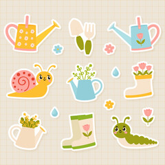 Spring garden stickers set with watering can snail and rubber boots vector illustration. © Marina