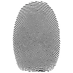 Detailed black and white image of a human fingerprint with distinct ridges
