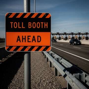 Warning Sign Indicates Toll Booth Ahead on Highway with Vehicles Approaching Toll Plaza