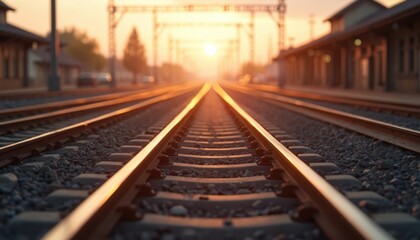 Obraz premium Train tracks extend towards the horizon under a warm sunset glow. Railway lines converge, leading into a distant station with soft overhead lighting and power lines.