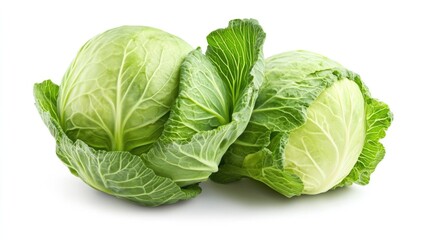 Two Fresh Green Cabbages Isolated on White Background – Full Depth of Field, Organic Vegetable Food Photography