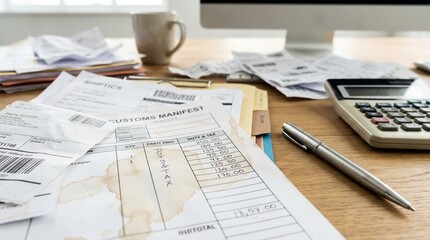Fototapeta premium Logistics paperwork cluttered on a desk with a calculator and coffee cup 