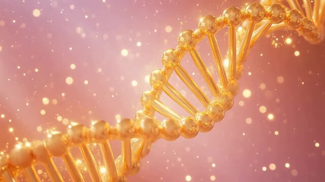 Golden DNA helix with sparkling background