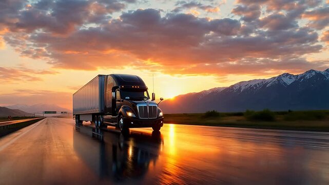 Truck on highway at sunset
