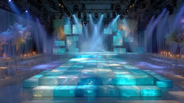 Ethereal blue wedding stage design with illuminated runway and seating arrangement