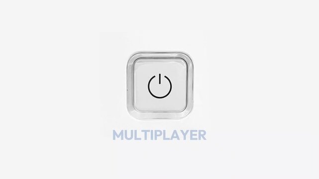 Blue power button icon with multiplayer text on white background.