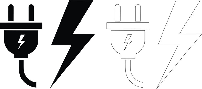 Electric plug with lightning bolt vector illustration, flat design symbols set