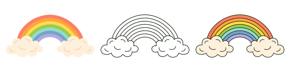 Naklejka premium Rainbow set with clouds in flat, outline, color styles. Simple cute vector icons for weather, kids design, nursery decor, stickers, education, fantasy themes, spring graphics, prints, cards, posters.