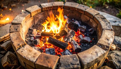 Stone fire pit burning with logs and coals outdoors