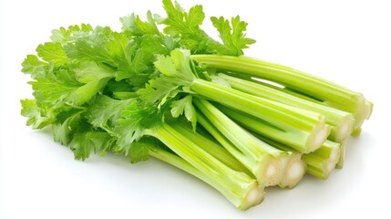 Fresh Green Celery Stalks Isolated on White Background with Full Depth of Field, High Quality Healthy Food Photography