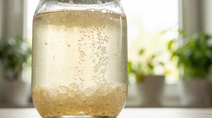 Water kefir grains fermenting in a glass jar filled with bubbly liquid, placed on a wooden surface, with green plants visible in the background, showcasing the fermentation process for gut health