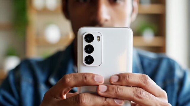 Man holding white smartphone with triple camera.