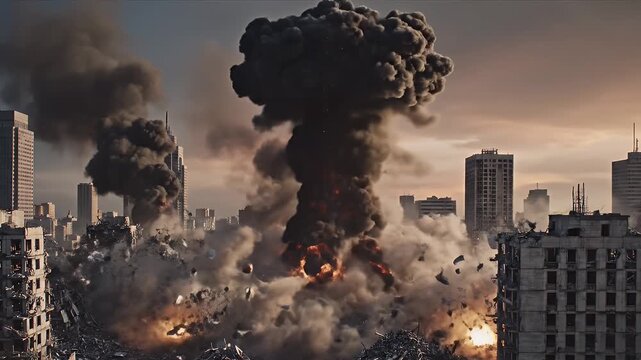 Explosion in War-Torn Cityscape - A massive explosion erupts in the center of a war-torn city, sending debris flying through the air.