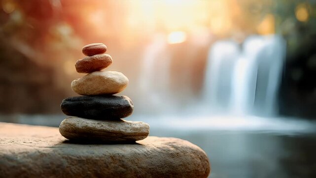 Zen Buddhism, meditation, inner peace, Chinese Japanese Asian tradition. Therapy stress release treatment, health lifestyle. A stack of pebbles balanced on top of each other on a rock.