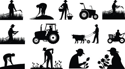 Agriculture farmer silhouettes collection, farming tractor harvesting planting rural worker activity icons isolated black vector illustration © Hosna