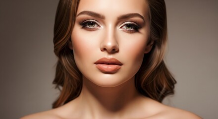 Fototapeta premium A close-up portrait of a beautiful woman with full lips and expertly applied makeup, highlighting her elegant features and flawless complexion