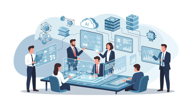 A team of professionals collaborating around a futuristic holographic interface displaying data and AI concepts.