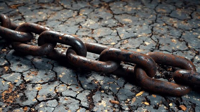 Rusty chain on cracked ground