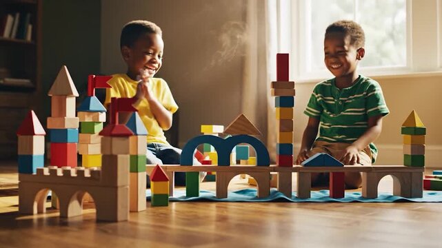 Two young boys happily building with colorful wooden blocks indoors.