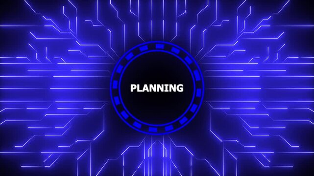 Planning text displayed within futuristic circuitry theme on deep blue background, 4k animation motion graphics video